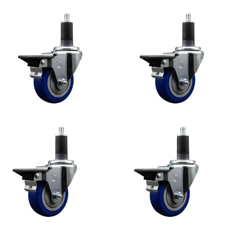 Service Caster 3.5'' Blue Poly Swivel 1-1/4'' Expanding Stem Caster Set with Brake, 4PK SCC-EX20S3514-PPUB-BLUE-PLB-114-4